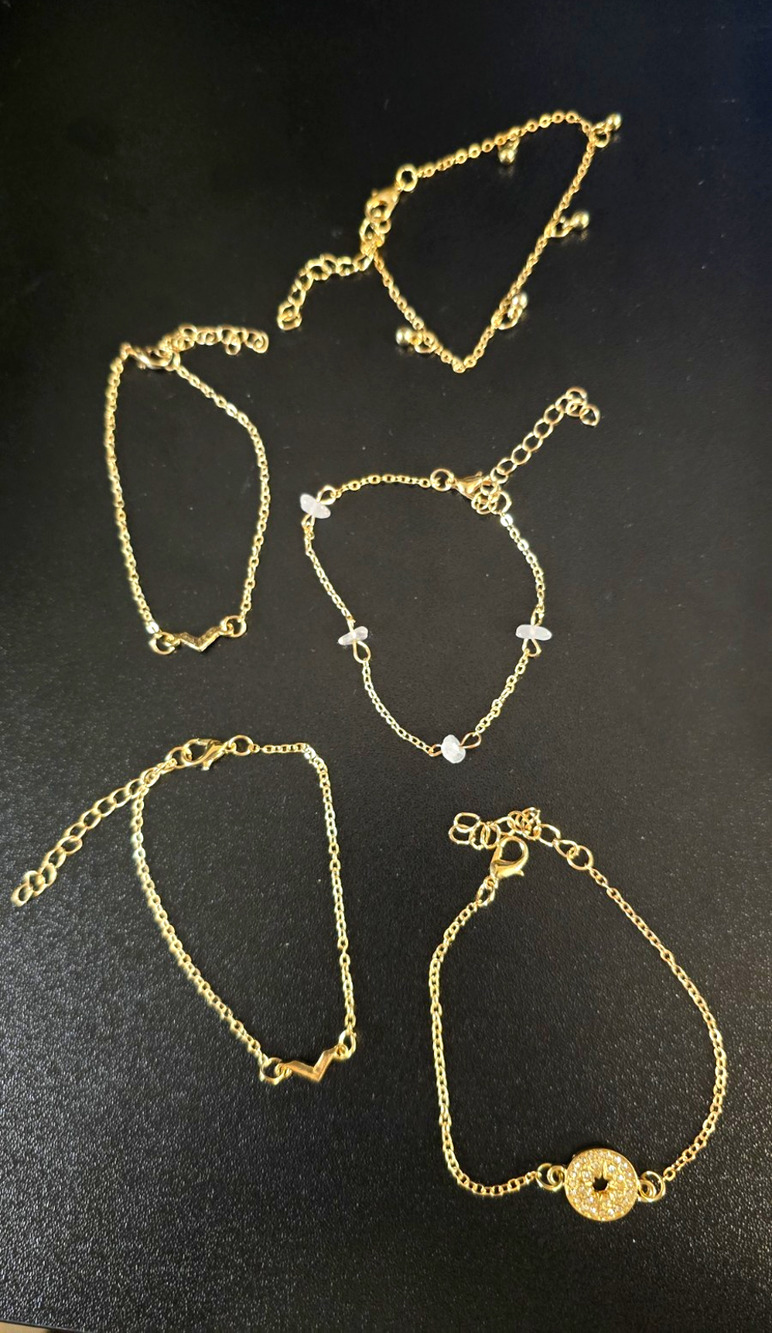 5 Set Gold Tone Cable Chain Charm Bracelets Lobster Clasp Adjustable Extenders